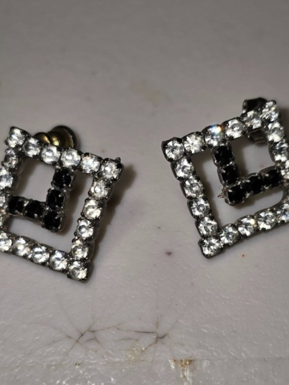 Square Rhinestones Black V Pierced Earrings